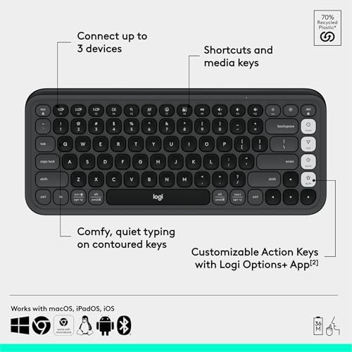 Elevate Your Workspace with the Logitech POP ICON Wireless Bluetooth Keyboard – Stylish Graphite & White Design, Effortless Multi-Device Switching, Comfortable Low-Profile Typing, and Customizable Keys for Enhanced Productivity on Laptops, Tablets, and PCs