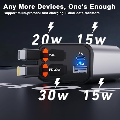 Ultra-Compact 4-in-1 Retractable Car Charger – Dual Type-C and USB Ports, Super Fast Charging for Samsung Galaxy Note Series and More – Multi-Device Convenience for Road Trips and Daily Commutes