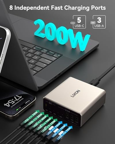 200 W Ga N IV USB-C Charging Hub – 8-Port Fast Charger Station with PD 65 W Laptop Power for Mac Book Pro/Air, i Phone 16/15/14, Galaxy S23/22 & Steam Deck – Ultimate Compact Solution for Multi-Device Efficiency and Safety
