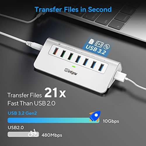 Ultimate 10-Port USB Hub 10 Gbps – Powered Aluminum Data Hub with 7 USB 3.1 Ports & 3 Fast Charging Ports for Mac, PC, and Laptop – 36 W Power Adapter Included, Type A & C Connectivity for Enhanced Performance and Speed