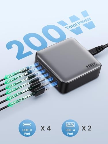 200 W Ga N III USB C Charging Hub – 6-Port Fast Charging Station for Laptops and Devices – PD 65 W Compatible with Mac Book Pro, i Pad, i Phone 15/16, Galaxy S23/S24, Steam Deck & More – Ultimate Universal Charger for Home, Office & Travel