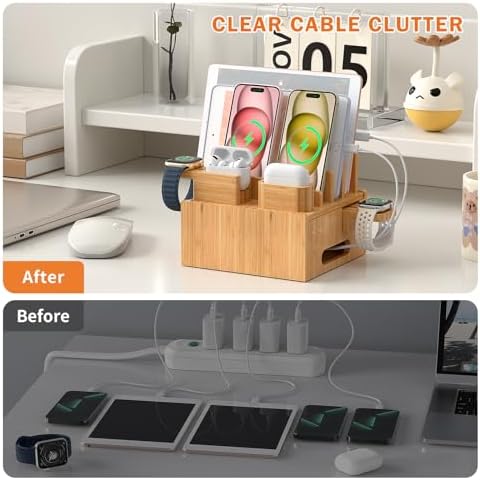 Eco-Friendly Bamboo Multi-Device Charging Hub by Pezin & Hulin – Elegant Docking Station for Phones, Tablets, Smartwatches & Earpods with 5 High-Speed USB Cables for Clutter-Free, Fast Charging Solutions in Home or Office