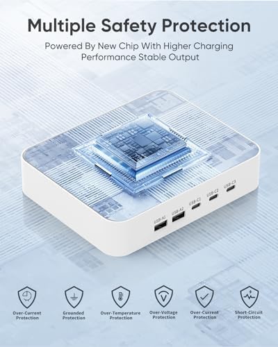 MSTJRY 90 W 5-Port USB C Charging Station for Diverse Devices – Fast Charge 20 W Per Port for i Phone, i Pad, Air Pods & Android – Compact Multi-Device Charger with Built-in Safety Features for Home, Office, and Travel Use