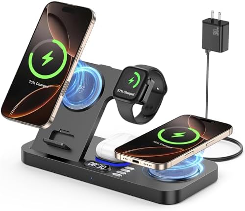 Revolutionize Your Charging Routine with the 2025 Wireless Charging Hub: 6-in-1 Power Station Featuring 30 W Fast Charge, Integrated Clock, and 7-Color Night Light – Dual Phone Charger Compatible with i Phone 16, Samsung Galaxy, Air Pods, and Apple Watch for Ultimate Convenience and Style