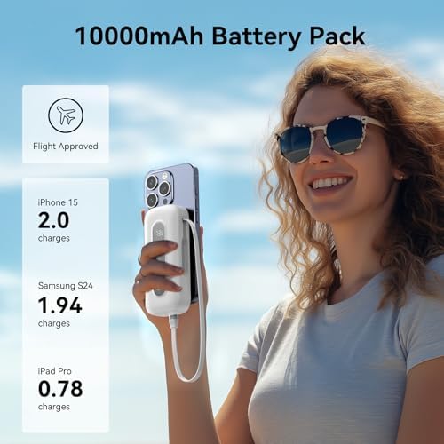 Ultra-Portable 10,000 m Ah Power Bank with Retractable Cable & USB-C to Lightning Compatibility – 30 W Fast Charging Battery Pack for i Phone 16/15/14/13 & Samsung Devices – LED Display for Easy Monitoring – Essential Travel Charger for On-the-Go Power Solutions