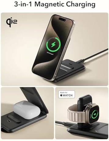 ESR Qi2 All-in-One 3-in-1 Charging Station for Apple Devices – Fast 15 W Mag Safe Charger, Certified Apple Watch & Air Pods Power Hub, Ideal Travel Companion for i Phone 16/15/14/13/12 Series, Sleek Black Design with Travel Bag Included – Maximizing Efficiency and Style