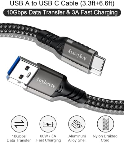 High-Speed USB A to USB C Cable (3.3 FT & 10 FT) – 10 Gbps Data Transfer, 60 W Fast Charging for Samsung Galaxy S23/S22/S21/S20/S10 Ultra & All Type C Devices – Durable Nylon Braided Design for Ultimate Flexibility and Performance