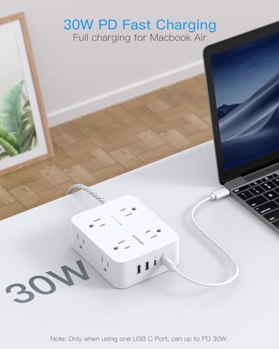 HANYCONY 6 ft Surge Protector Power Strip with 8 Outlets & 2 USB-C Ports – Essential College Dorm Extension Cord with Space-Saving Flat Plug for Fast Charging and Device Safety – Perfect for Home Office and Tech Needs