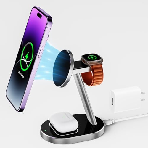 Ultimate 3-in-1 Magnetic Mag-Safe Wireless Charger for i Phone 15, 14, 13, 12 Pro Max, Mini, and Plus – 15 W Fast Charging Station with Aluminum Alloy Stand for Apple Watch & Air Pods – Streamlined Multi-Device Charging Solution with Enhanced Compatibility and Modern Design