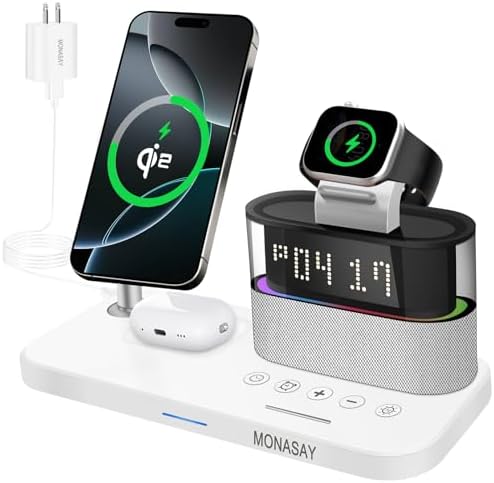 MONASAY Qi2 5-in-1 Wireless Charging Hub with Alarm Clock – 23 W Fast Charger for i Phone 16/15/14/13/12, Air Pods, and Apple Watch – Magnetic Stand for Optimal Device Alignment – Sleek Black Design for Home and Office Use – Ultimate Convenience and Speed in One Charging Solution