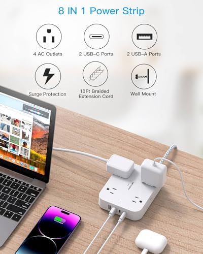 HANYCONY 10 Ft Ultra Thin Flat Extension Cord with 4 AC Outlets & 4 USB Ports (2 USB-C) – Wall-Mountable Power Strip & Desk Charging Station for Seamless Office, Dorm, and Travel Connectivity – Superior Surge Protection & Space-Saving Design