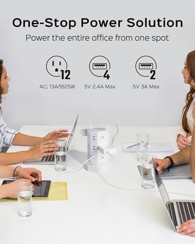 JACKYLED Power Strip Tower Surge Protector with 12 Outlets and 6 USB Ports (2 USB-C) – High-Speed Charging Station with 1050 Joules Protection, 1625 Watts, 6.5 ft Extension Cord for Enhanced Home Office Efficiency and Device Safety