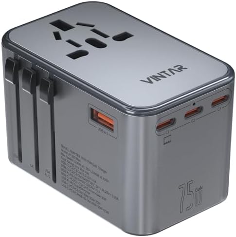 VINTAR Universal Travel Adapter 75 W Ga N Technology: Ultimate All-in-One Power Converter with 3 USB-C PD and 2 USB-A Quick Charge Ports for Global Use – Compact Power Solution for Laptops & Smartphones in 200+ Countries – Reliable Performance with Safety Features for Hassle-Free Charging