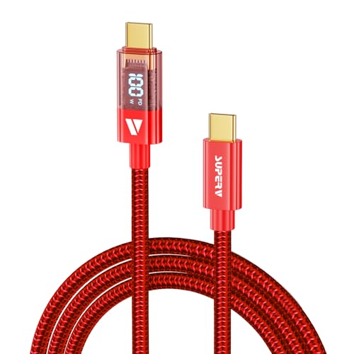 SUPERV 6.6 ft Type C Fast Charging Cable – Premium Nylon Braided USB C Charger with 100 W Power Delivery, High-Speed 480 Mbps Data Transfer, and LED Charging Status Indicator – Ideal for Laptops, Smartphones, and Tablets