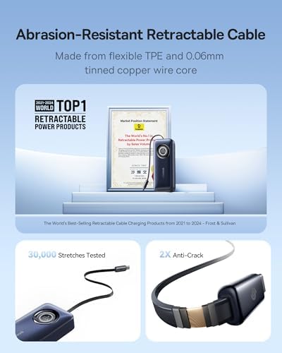 Baseus Enercore 20000 m Ah Power Bank with 67 W Fast Charging – Compact Portable Charger Featuring Built-in Retractable USB-C Cable for Laptops, i Phone 16/15, Samsung, Mac Book, and Drones – Essential Travel Companion for Uninterrupted Power