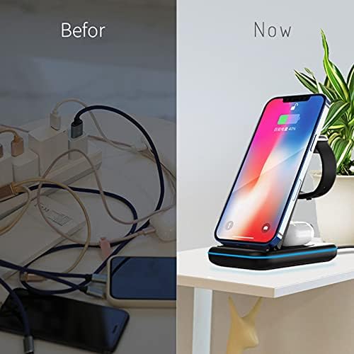 Versatile 3-in-1 Wireless Charging Station with Foldable Design – 15 W Fast Qi Charger Dock for Apple Watch, Air Pods & i Phone/Samsung Devices – Includes 18 W QC3.0 Adapter for Enhanced Speed and Compatibility