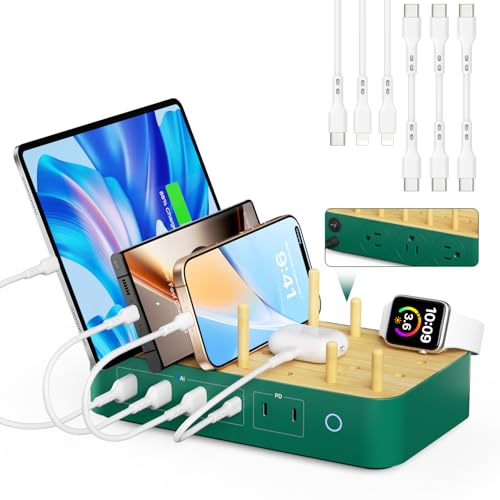 Eco-Friendly Bamboo USB-C Charging Hub – 60 W 6-Port Multi-Device Dock with 3 AC Outlets, 3 USB-C, 3 USB-A Ports, 6 Mixed Cables Included, 6.6 ft Power Cord for i Phones, i Pads & Tablets – Fast, Efficient Charging Solution with Elegant Design