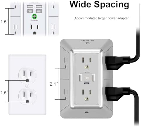 POWRUI 6-Outlet Surge Protector with 3 USB Ports (1 USB-C) and Integrated Night Light – Space-Efficient Power Strip for Home & Office – ETL Listed for Ultimate Safety and Fast Charging – Versatile 3-Sided Design with Adapter Spaced Outlets for Large Plugs – Streamline Your Charging Needs with Enhanced Compatibility and Reliability