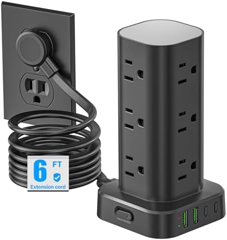 Ultimate Tower Power Strip Surge Protector – 12 AC Outlets & 4 High-Speed USB Ports (2 USB-C) with 6 FT Flexible Extension Cord – Versatile Charging Station for Home, Office, Dorm & Travel (Black) – Unmatched Safety & Space-Saving Design