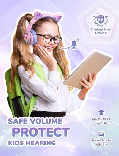 Magical Cat Ear Bluetooth Headphones for Kids – Mesmerizing Gradient Pink with LED Glow, 50-Hour Battery Life, Safe 74/85 d BA Volume Limiting, Superior Bluetooth 5.2 Connectivity & Rapid USB-C Charging for Ultimate Travel Convenience and Enjoyment