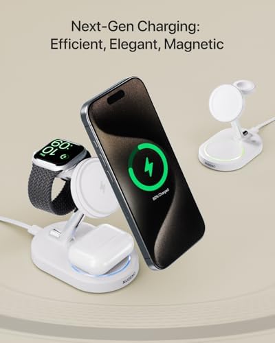 Effortless 3-in-1 Fast Charging Station for i Phone 16/16 Pro/16 Pro Max – Magnetic Wireless Charger Stand for i Phone, Apple Watch & Air Pods – Sleek, Compact Design with Mag Safe Technology for Optimal Efficiency and Safety – Perfect for Home, Office, and Travel