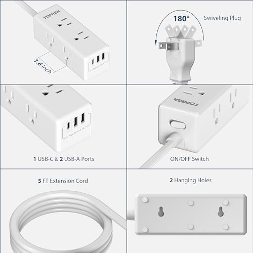 Universal European Travel Plug Adapter with USB-C – TOPREK 9-in-1 Power Strip for US to Europe with 6 Outlets & 3 USB Ports, 3 FT Extension Cord for Seamless Charging in Germany, France, Spain, Greece, and More – Ideal for Hotel and Airport Use