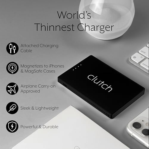 Lightweight Clutch Pro 5000 m Ah Portable i Phone Charger – TSA Approved Magnetic Power Bank for Travel – Built-in Lightning Cable – Perfectly Compatible with i Phone 14 & Earlier Models – Secure, Hassle-Free Charging at Just 3.7 oz – Elevate Your Travel Experience with Reliable Power Solutions