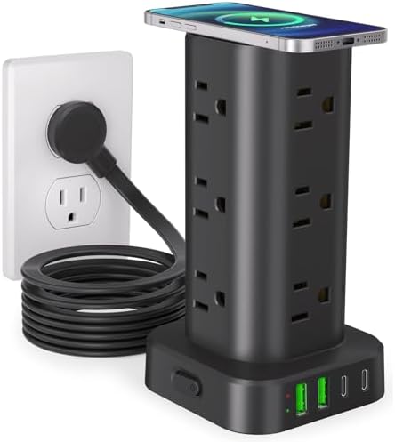 Ultimate Power Strip Tower with 15 W Wireless Charger and 10 FT Extension Cord – 12 AC Outlets & 4 USB Ports (2 USB-C) – Space-Saving Surge Protector for Home, Office, and Dorm Use – Advanced Compatibility for All Devices