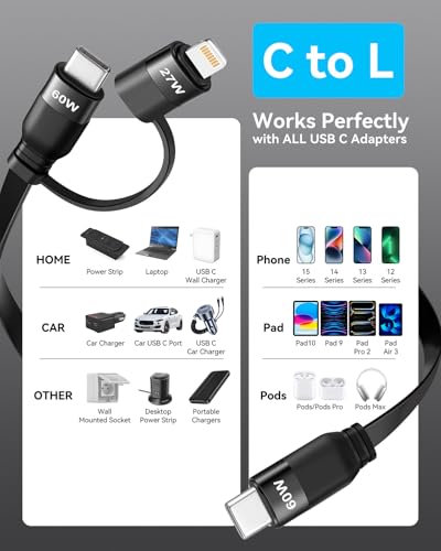 Dual-Purpose 60 W Fast-Charging Retractable USB-C to Lightning/Type-C Cable Set – 4 ft Length, 2-Pack for i Phone 13/14/15/16 Pro Max, i Pads & Samsung Devices – Ultimate Convenience and Durability for Everyday Use