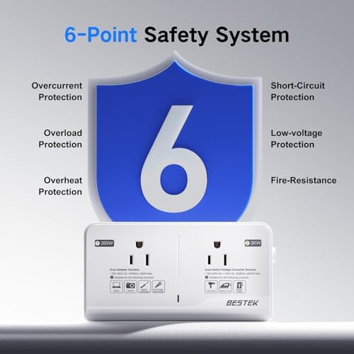 Universal Voltage Converter by BESTEK: 220 V to 110 V Travel Adapter with Dual AC Outlets & 3 USB Ports for Efficient Global Charging – Ideal for Hair Tools, Electronics & International Adventures – Compact, Safe & Versatile Solution for Travelers