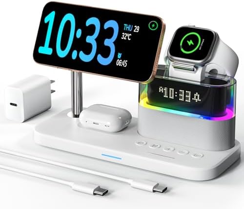 Ultimate 5-in-1 Wireless Charging Station with Alarm Clock and Night Light – Sleek Mag-Safe Dock for i Phone 16/15/14/13/12, Apple Watch & Air Pods – Fast Charging & Space-Saving Design for Nightstand Organization