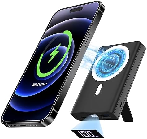 LULULOOK 10,000 m Ah Magnetic Power Bank for i Phone – Sleek Blue Mag-Safe Battery Pack with 15 W Fast Wireless Charging & Kickstand – Ultimate Portable Charger for i Phone 16/15/14/13/12 Mini Plus Pro – USB-C Cable Included – Perfect for On-the-Go Power Solutions