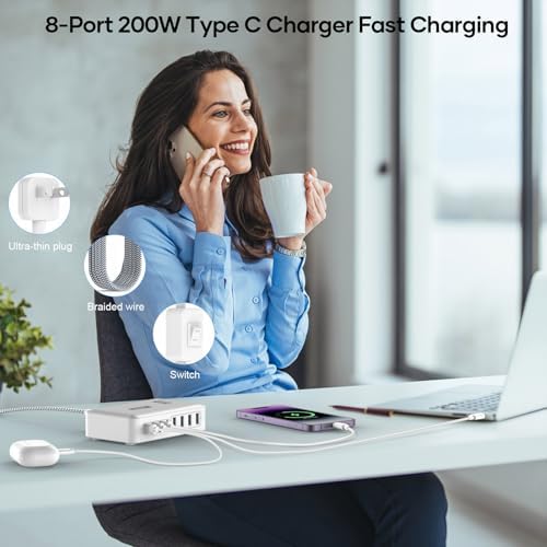 Transform Your Charging Routine with the 200 W 8-Port Fast Charging Hub – Multi-Device USB Station Featuring 65 W Laptop Adapter, Space-Saving Flat Plug, Durable Braided Cable, and User-Friendly On/Off Power Control for Optimal Performance and Safety
