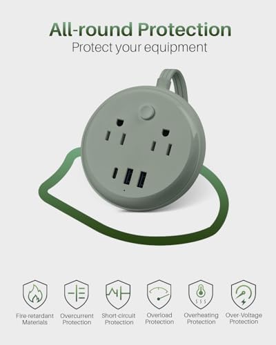 KOOSLA Compact Flat Plug Power Strip with USB C Ports – 2 AC Outlets & 3 Fast-Charging USB Ports for Ultimate Travel Convenience – 1250 W Capacity, 5 ft Cord – Ideal for Cruise Ships, Dorms, Homes, & Offices – Lightweight, Space-Saving Design for Multi-Device Charging