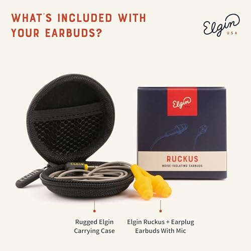 Elgin Ruckus+ OSHA Compliant Earplug Earbuds – 25 d B Noise Reduction Wired Headphones with Built-in Mic for Clear Communication – Sweatproof Design for Construction & Industrial Use – Enhanced Device Compatibility for Seamless Connectivity and Comfort