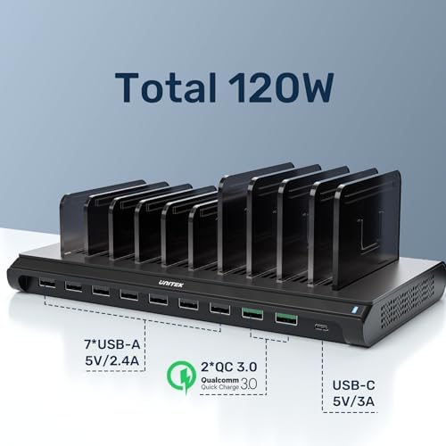 Unitek Quick Charge 3.0 Multi USB Charging Station – 10-Port Fast Charger for i Phone, i Pad, Tablets, and Kindles – UL Certified Safety with Sleek Black Design for Home and Office Use – Enhance Device Lifespan and Efficiency