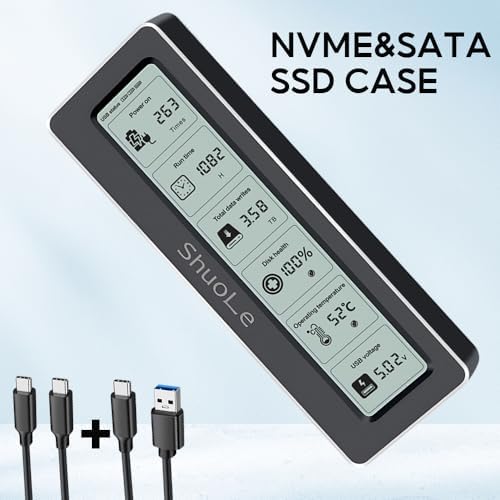 High-Speed Aluminum M.2 SSD Enclosure with LCD Display – USB 3.2 NVMe Adapter for 2242, 2260, 2280 SSDs, Enhanced Performance with UASP & Trim Support, Durable Heat-Dissipating Design for Gamers & Professionals