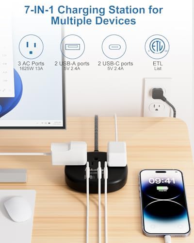 Stylish Brown Extension Cord with 1080 J Surge Protection – 5 FT Flat Braided Design Featuring 3 AC Outlets & 4 USB Ports (24 W/4.8 A) for Fast Charging – Ideal Tan Desk Accessory for Powering Devices Safely & Efficiently