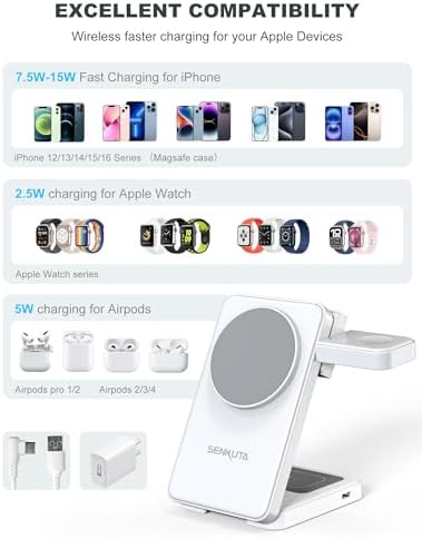 3-in-1 Magnetic Wireless Charging Station for Apple Devices – Fast Travel Charger for i Phone 12-16, Apple Watch Ultra 5/4/3, and Air Pods Pro/3/2 – Compact & Foldable Design for Efficient, Safe Charging with 18 W Adapter – Perfect for Home, Office, or Travel – Enhanced Compatibility and User-Friendly Features