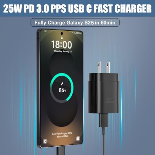 Elevate Your Charging Experience: 25 W USB C Fast Charge Block with 10 Ft Type C Cable for Samsung Galaxy S21-S24 & Note 20 – Optimal Power Delivery for Home and Travel – Exceptional Speed, Enhanced Safety Features, and Ultimate Compatibility for Android Devices