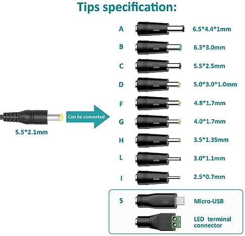 Efficient Multi-Voltage Universal AC/DC Adapter with 11 Interchangeable DC Plugs – Regulated Power Supply for Household Electronics, 2.0 A and 24 W Output for Optimal Device Compatibility and Quick Charging Solutions