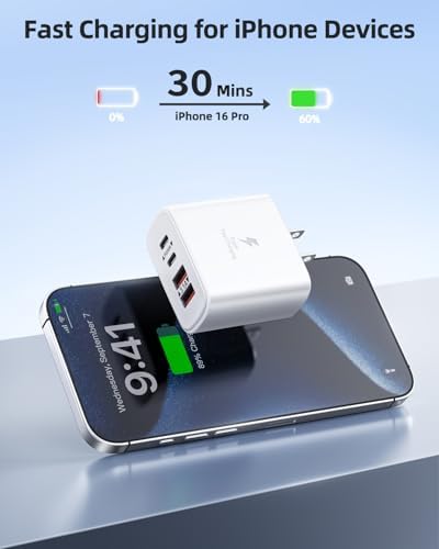 40 W 4-Port USB C Power Adapter Duo – Compact Fast Charging Block for i Phone 16-12 & Samsung Devices – Rapid PD & Quick Charge 3.0 for Maximum Efficiency at Home and on the Go