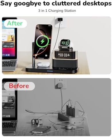 Ultimate 5-in-1 Wireless Charging Station with Alarm Clock and Night Light – Sleek Mag-Safe Dock for i Phone 16/15/14/13/12, Apple Watch & Air Pods – Fast Charging & Space-Saving Design for Nightstand Organization