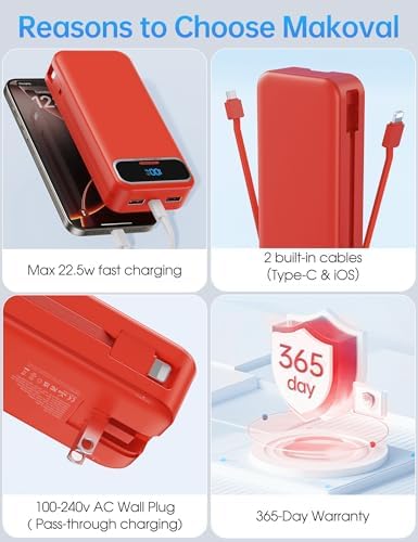 Ultra-Compact 12000 m Ah Power Bank with Built-in Charging Cables & AC Plug – 20 W PD Fast Charging for i Phone, Samsung, Android, USB-C Devices – Travel-Friendly External Battery Pack in Purple – Unmatched Portability and Efficiency for On-the-Go Charging Solutions