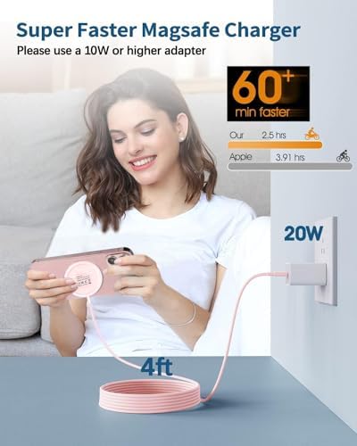 Magnetic Wireless Charger Duo – 15 W Fast Charging Pad with 20 W USB-C Adapter for i Phone 15/14/13/12 Pro/Max/Plus/Mini & Air Pods – Enhanced Mag-Safe Compatibility, 5 ft Charging Cable Included for Ultimate Convenience and Safety