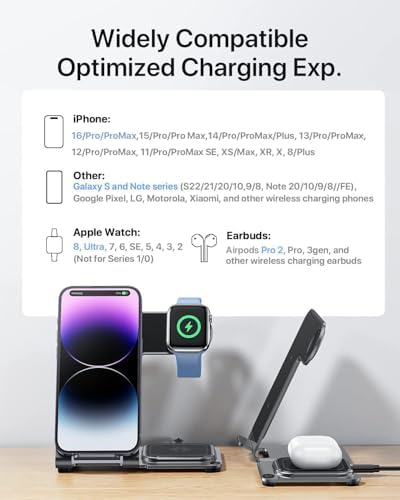 2024 Enhanced 3-in-1 Wireless Charging Station for Apple Devices – Fast Charging Dock for i Phone 16/15/14/13/12/11, Apple Watch, and Air Pods in Stylish Purple – Ultimate Multi-Device Charging Solution with Safety Features and Sleek Design