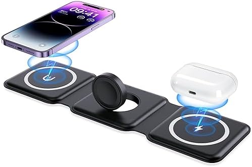 Ultimate 3-in-1 Magnetic Wireless Charging Station – Fast and Portable Mag-Safe Charger for i Phone 16/15/14/13/12 Series, Apple Watch & Air Pods with Adapter Included – Compact Design for Effortless Travel and Enhanced Device Compatibility