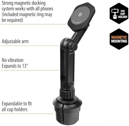 Enhanced Magnetic Phone Mount for Vehicles – Tough Tested Adjustable 13.3” Boom Arm with Expandable Cupholder Base | Universal Compatibility for i Phone & Android | Secure Grip on Bumpy Roads | Effortless Access to Navigation and Calls