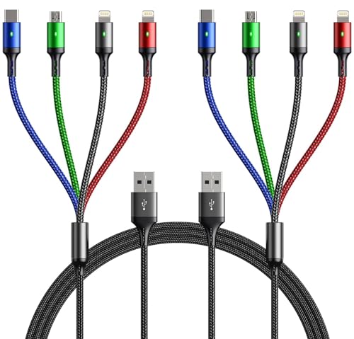 Ultimate 4-in-1 Braided Charging Cable Set (2 Pack, 6 FT) – Versatile USB Cord for i Phone 16/15/14/13 & Universal Devices – Fast Charging with Type-C, Micro USB, and Lightning Port – Durable & Tangle-Free Solution for Home, Office, and Travel