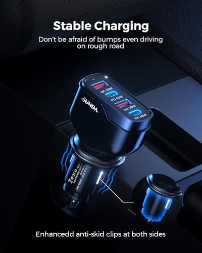 Experience Rapid Roadside Charging with SUNDA 120 W USB C Fast Car Charger – 4-Port Adapter Featuring Dual Type C PD60 W/PPS60 W for i Phone 16/15 Pro/Max/14 & Samsung Galaxy S24, Plus Dual USB-A 30 W QC3.0 for All Android Devices – Compact, Durable, and Universally Compatible for Effortless Multi-Device Charging on the Go